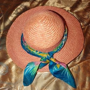DP Pink Straw Hat With Blue Scarf